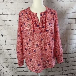 talbots blouse red floral Long Sleeve Casual size Large Cotton V Neck